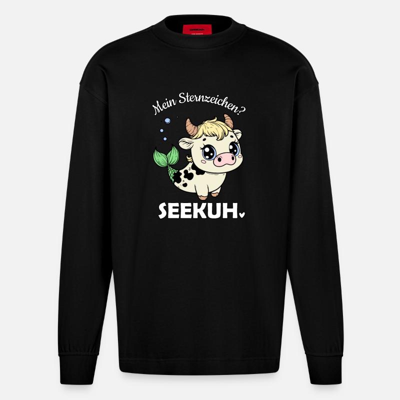 Sternzeichen Stier Seekuh - Heavyweight Oversized Organic Langarmshirt Made in EU - SOLID BLACK