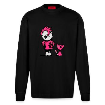 Ein kleiner Punk mit einer kleinen Katze - Heavyweight Oversized Organic Langarmshirt Made in EU - SOLID BLACK - Vorne