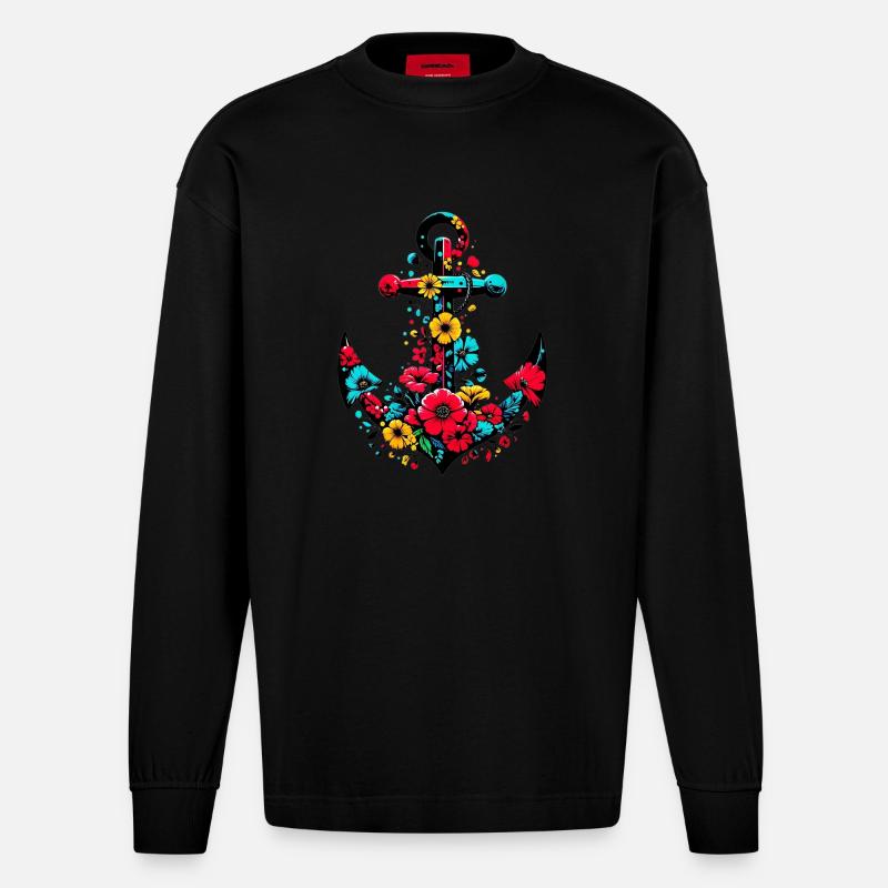Ein Anker mit Blumen - Heavyweight Oversized Organic Langarmshirt Made in EU - SOLID BLACK