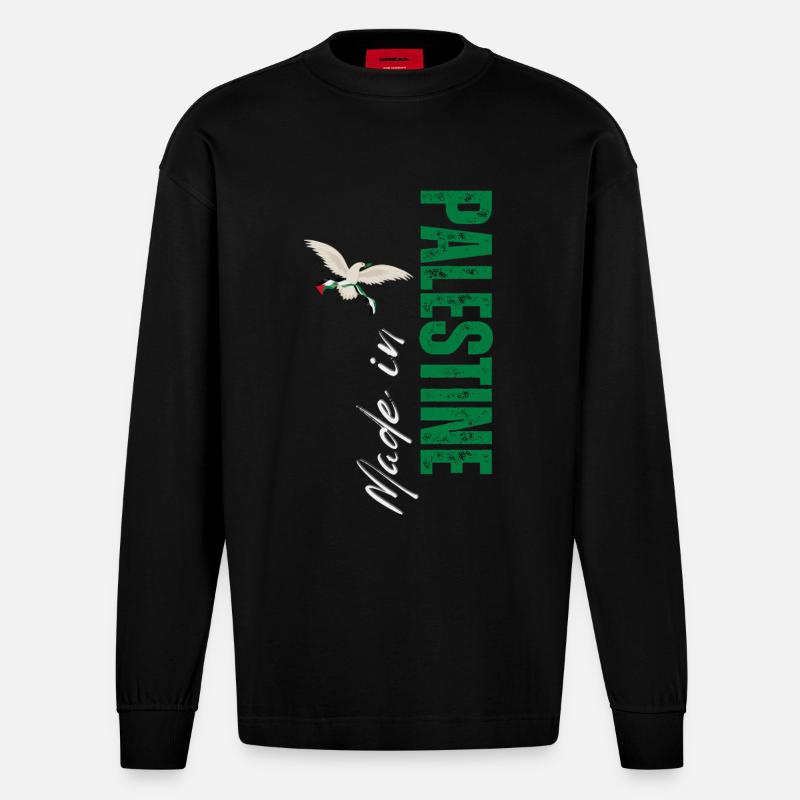 Made in Palestine, design vertical - Manches longues bio épais oversize fabriqué en UE - SOLID BLACK