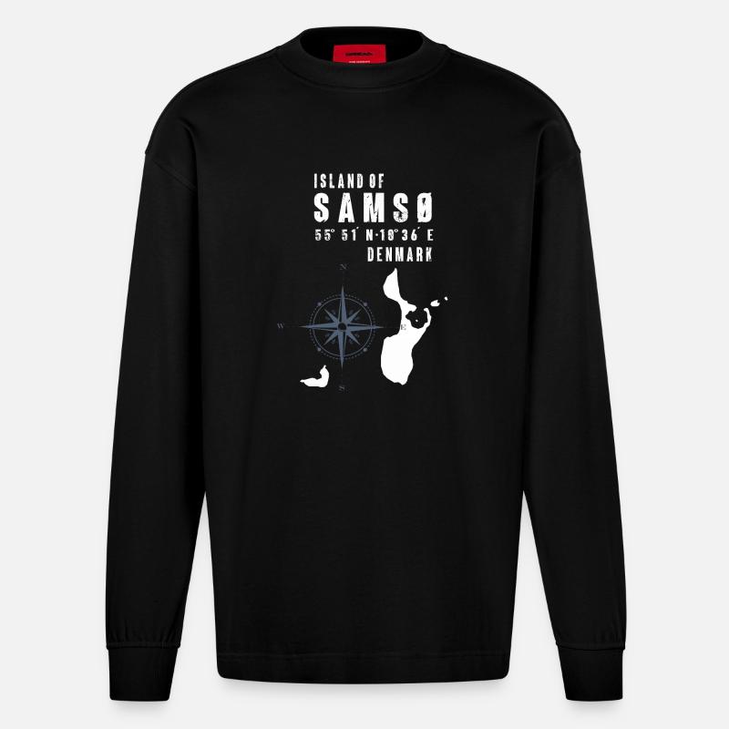 Samsø Samsoe Island Outline Compass - Heavyweight Oversized Organic Longsleeve Shirt Made in EU - SOLID BLACK