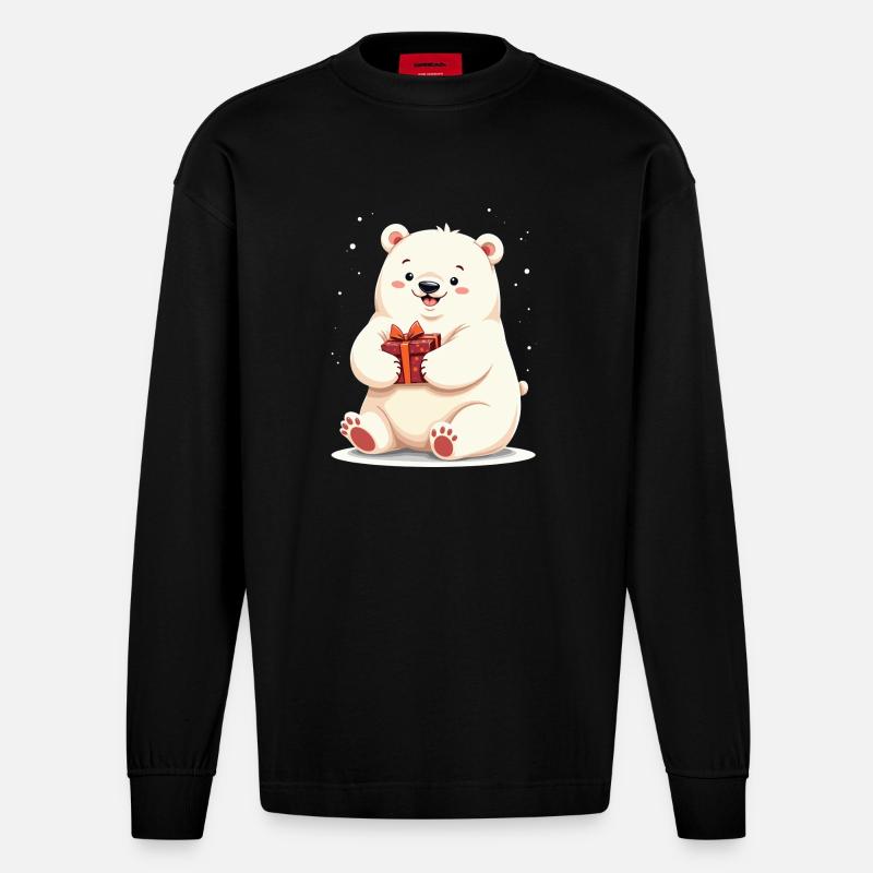 Niedlicher Eisbär mit Geschenkillustration - Heavyweight Oversized Organic Langarmshirt Made in EU - SOLID BLACK