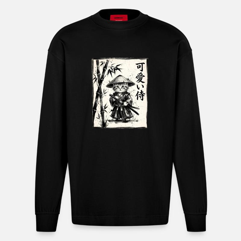 Samurai Cat Sumi-e Ink Drawing - Heavyweight Oversized Organic Longsleeve Shirt Made in EU - SOLID BLACK