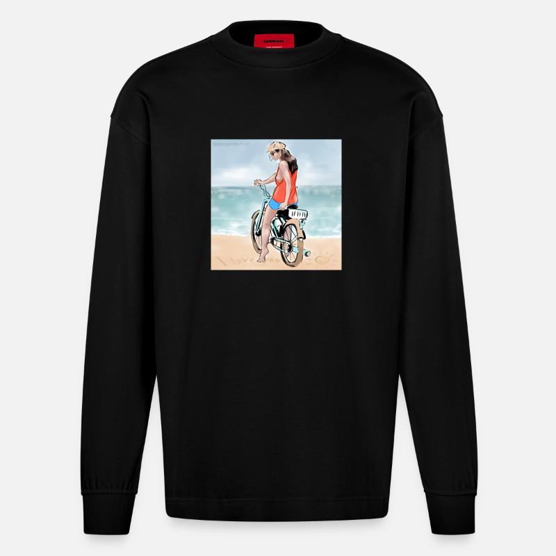 Frau auf dem Moped - Heavyweight Oversized Organic Langarmshirt Made in EU - SOLID BLACK