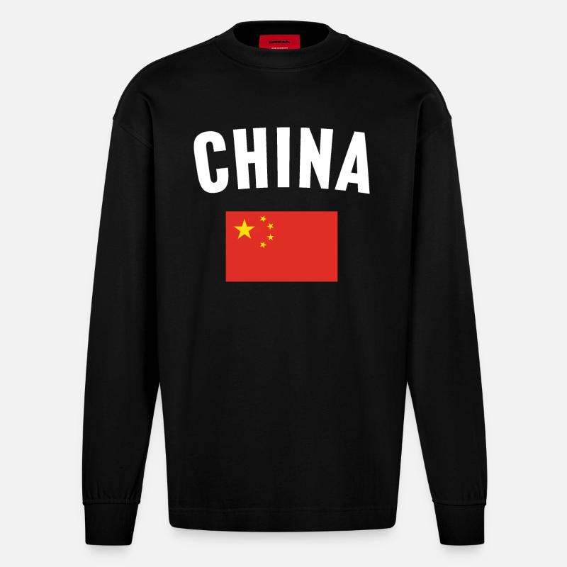 Drapeau de la Chine - Manches longues bio épais oversize fabriqué en UE - SOLID BLACK