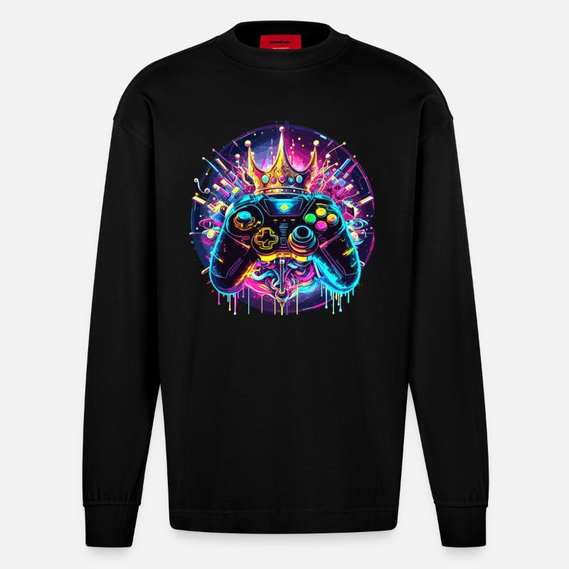 Synthwave Gamer Controller mit Krone - Heavyweight Oversized Organic Langarmshirt Made in EU - SOLID BLACK