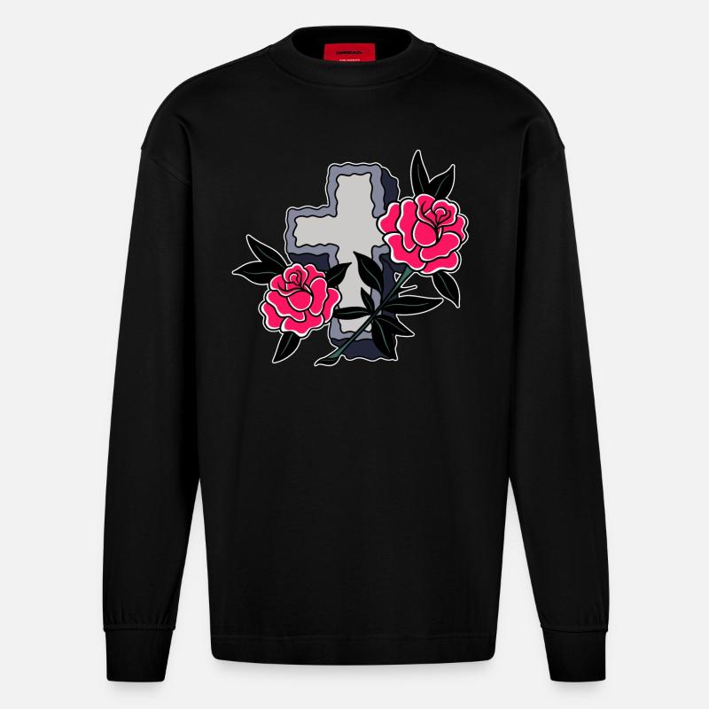 Croix et roses - Manches longues bio épais oversize fabriqué en UE - SOLID BLACK