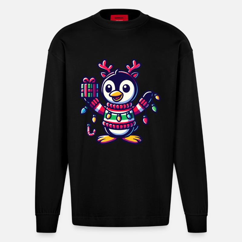Fröhlicher Pinguin Mit Weihnachtslichtern - Heavyweight Oversized Organic Langarmshirt Made in EU - SOLID BLACK