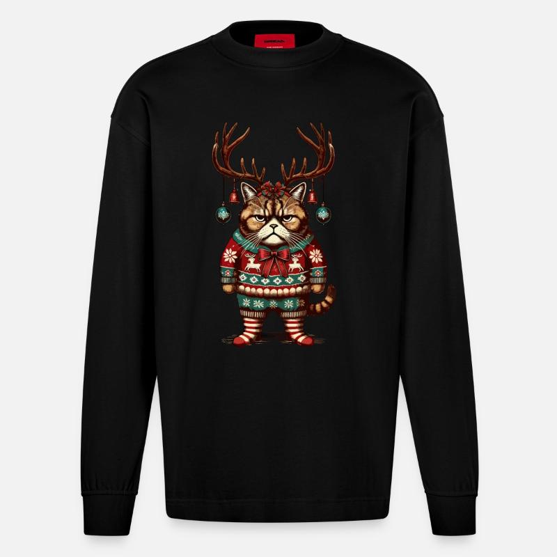 Mürrische Weihnachtskatze Mit Geweih - Heavyweight Oversized Organic Langarmshirt Made in EU - SOLID BLACK
