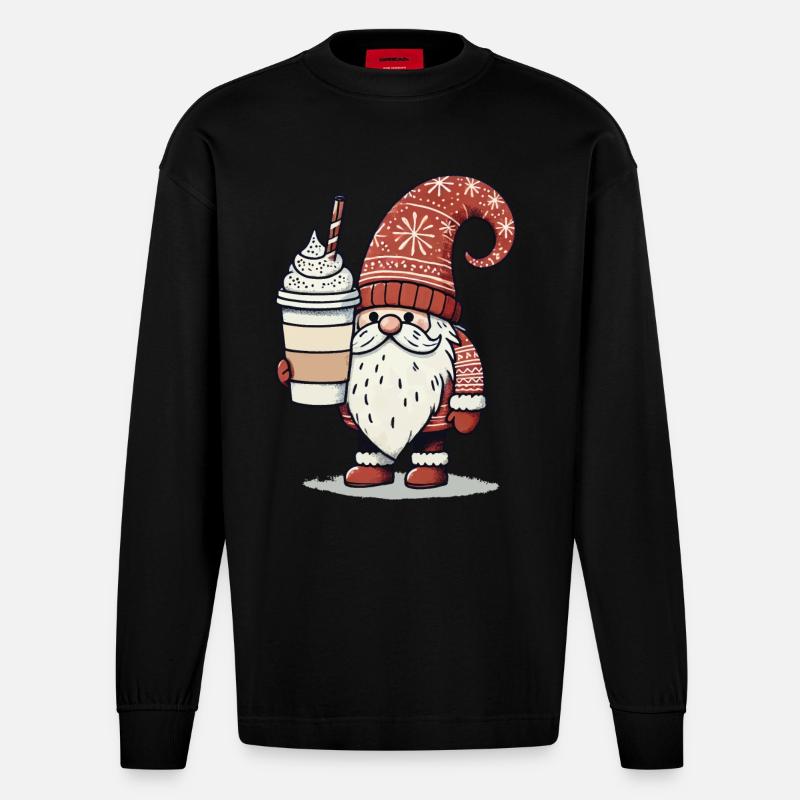 Weihnachtsgnom Mit Kaffee Wichtel - Heavyweight Oversized Organic Langarmshirt Made in EU - SOLID BLACK