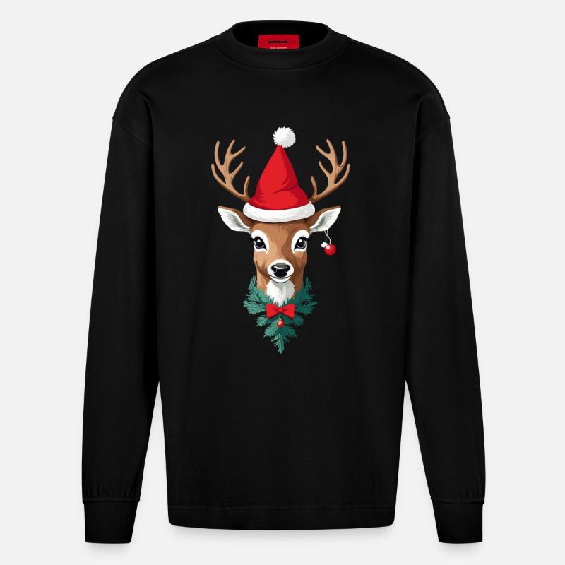 Joyeux Noël Renne avec chapeau - Manches longues bio épais oversize fabriqué en UE - SOLID BLACK