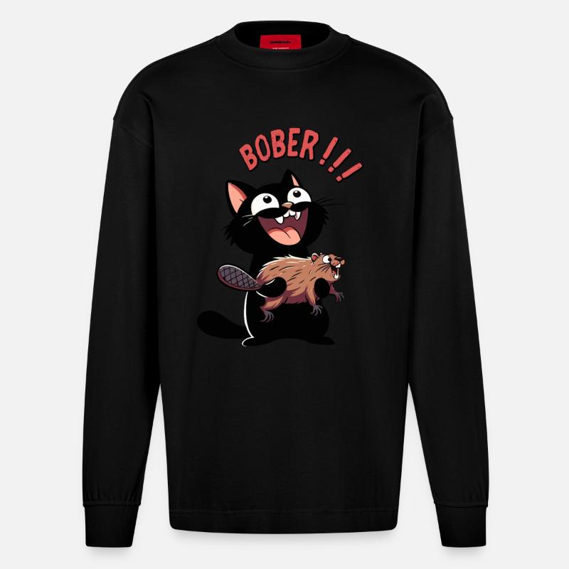Hyper-Katze ruft „Bober!!!“ – Tierischer Ausraster - Heavyweight Oversized Organic Langarmshirt Made in EU - SOLID BLACK