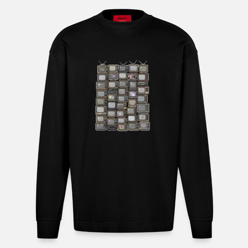Retro Fernseh-Stack Collage - Heavyweight Oversized Organic Langarmshirt Made in EU - SOLID BLACK