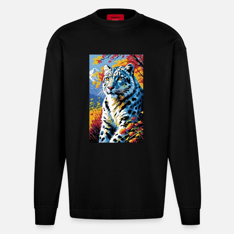 Léopard des neiges | Léopard | Prédateur - Manches longues bio épais oversize fabriqué en UE - SOLID BLACK