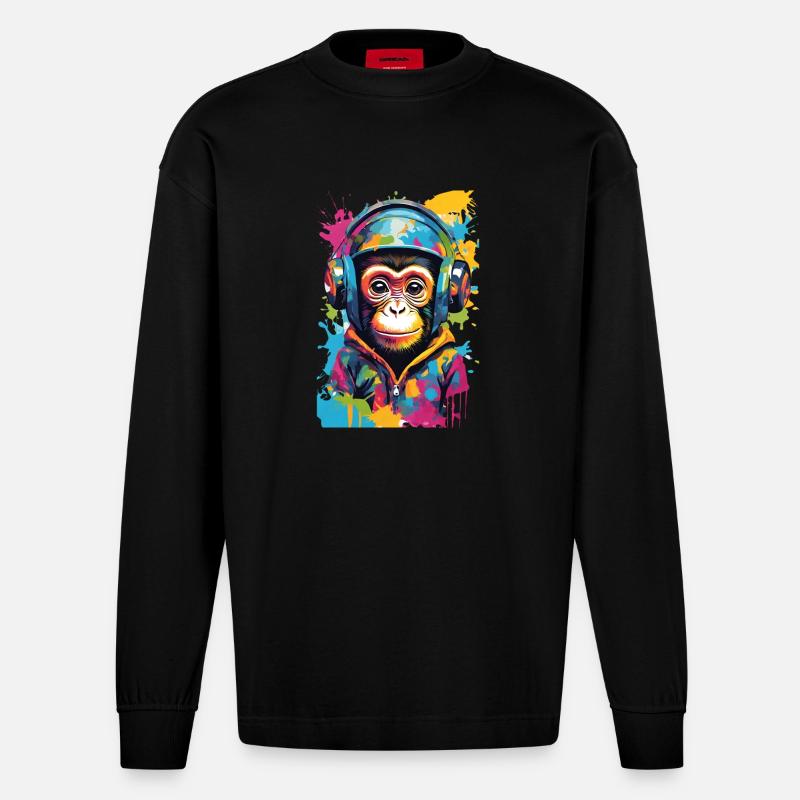Bunter Affe mit Kopfhörern - Heavyweight Oversized Organic Langarmshirt Made in EU - SOLID BLACK