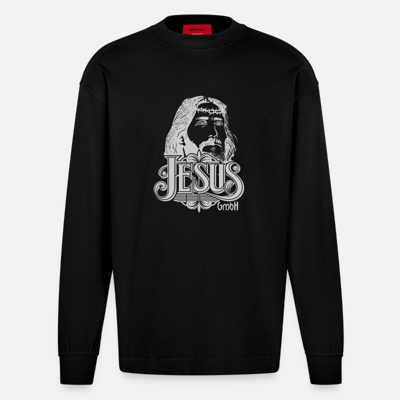Jesus Kopf hellgrau - Heavyweight Oversized Organic Langarmshirt Made in EU - SOLID BLACK