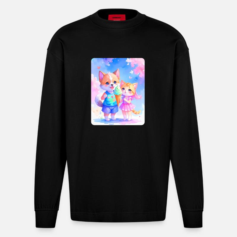 Hündchen, Kätzchen & Eiscreme - Heavyweight Oversized Organic Langarmshirt Made in EU - SOLID BLACK