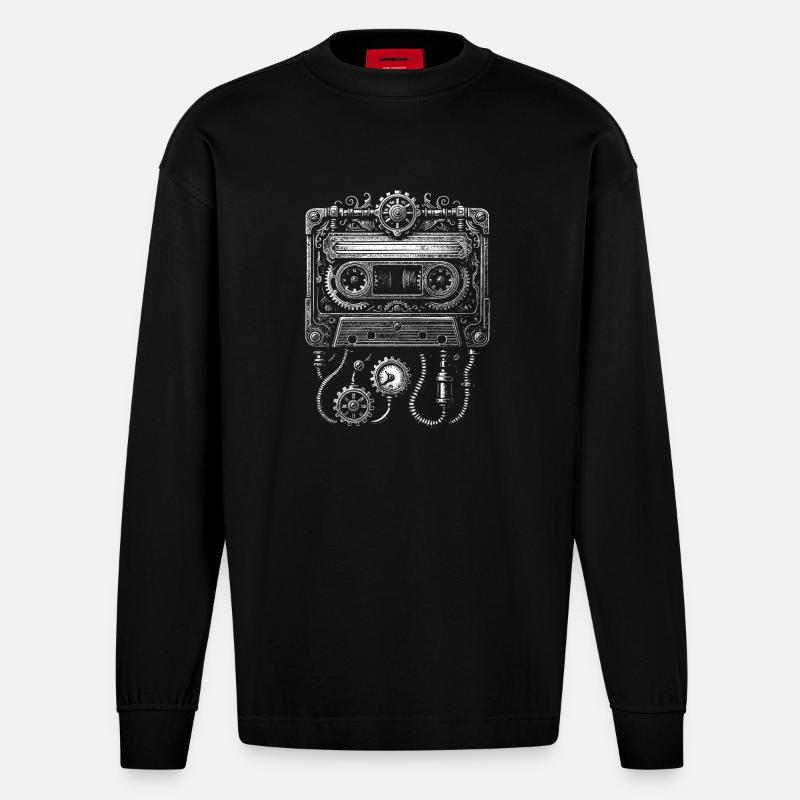 Steampunk Cassette Clockwork - Manches longues bio épais oversize fabriqué en UE - SOLID BLACK