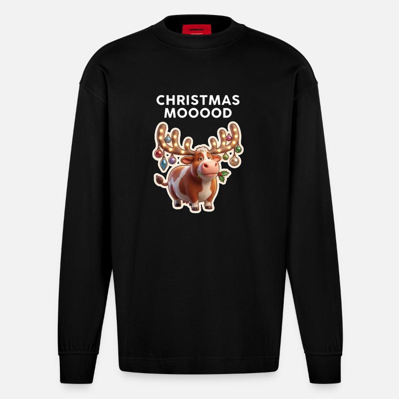 Weihnachtskuh mit Leuchtornamenten - Heavyweight Oversized Organic Langarmshirt Made in EU - SOLID BLACK