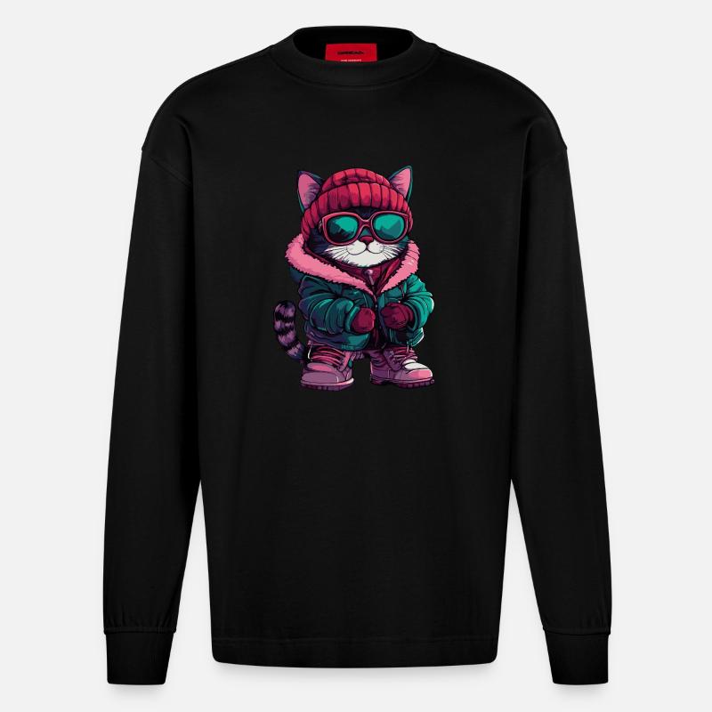 Bande dessinée Cat Cool - Manches longues bio épais oversize fabriqué en UE - SOLID BLACK