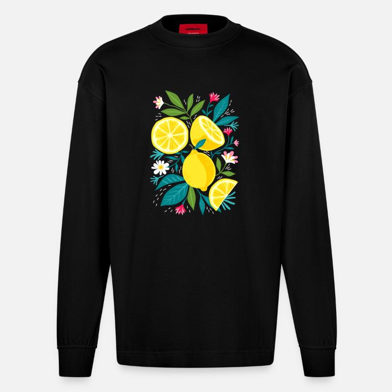Citron et feuilles - Manches longues bio épais oversize fabriqué en UE - SOLID BLACK