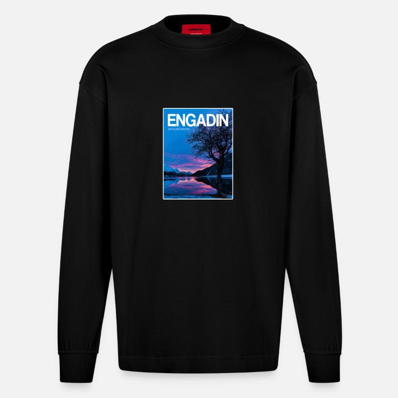 Engadin Seenlandschaft Abendlicht - Heavyweight Oversized Organic Langarmshirt Made in EU - SOLID BLACK
