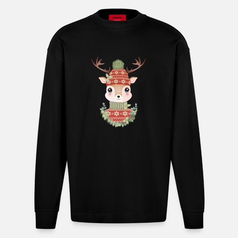 niedlicher Hirsch mit Pullover,Bommelmütze & Kranz - Heavyweight Oversized Organic Langarmshirt Made in EU - SOLID BLACK