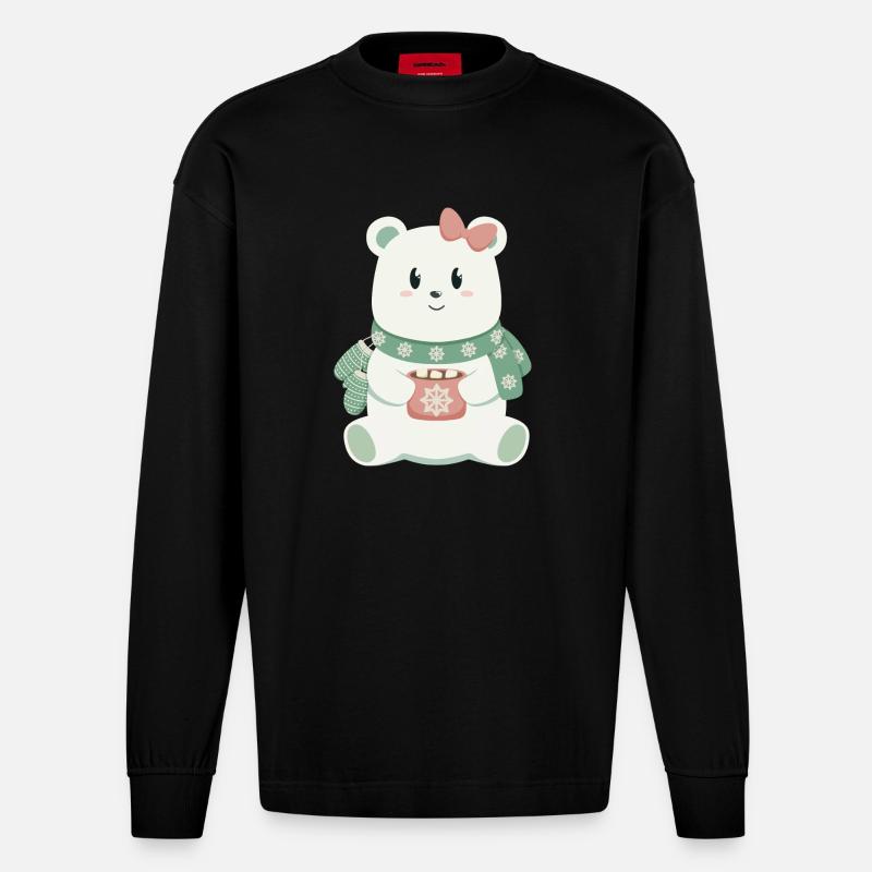 Eisbär mit Schleife - Heavyweight Oversized Organic Langarmshirt Made in EU - SOLID BLACK
