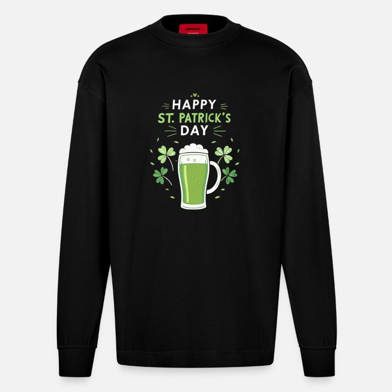 Verre vert Saint-Patrick et trèfles - Manches longues bio épais oversize fabriqué en UE - SOLID BLACK