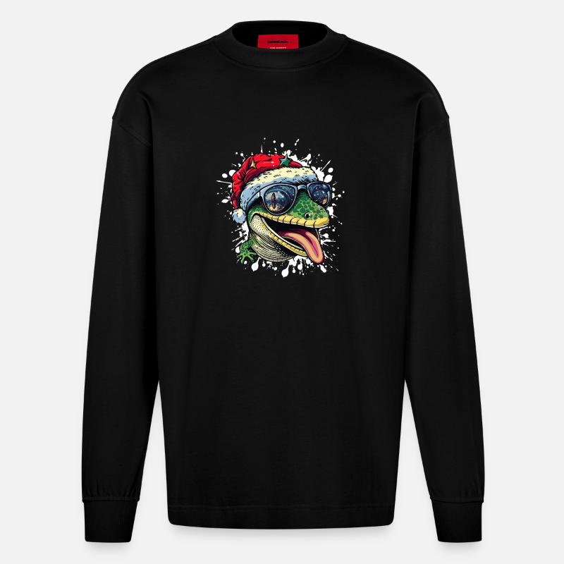 Lézard Noël Drôle - Manches longues bio épais oversize fabriqué en UE - SOLID BLACK