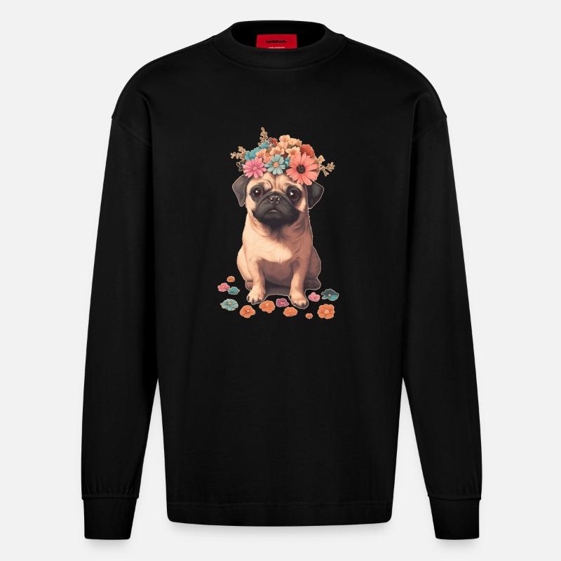 Mops mit Blumen - Heavyweight Oversized Organic Langarmshirt Made in EU - SOLID BLACK