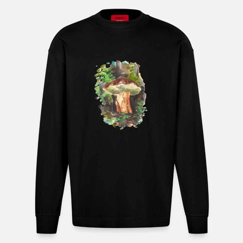 Forêt / champignons / champignons - Manches longues bio épais oversize fabriqué en UE - SOLID BLACK