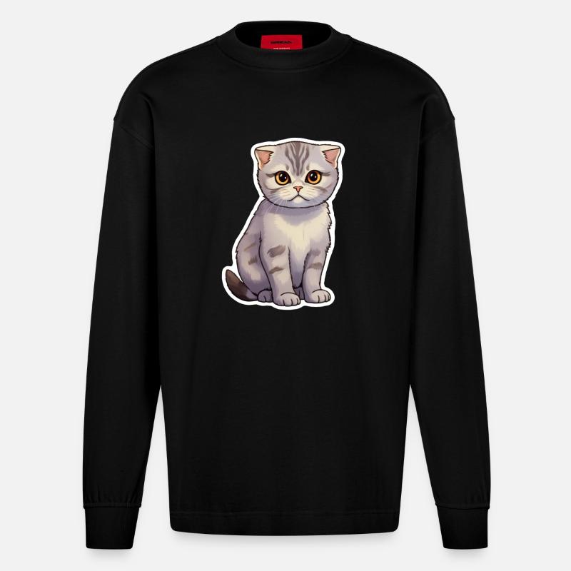 Scottish Fold Katze süß - Heavyweight Oversized Organic Langarmshirt Made in EU - SOLID BLACK