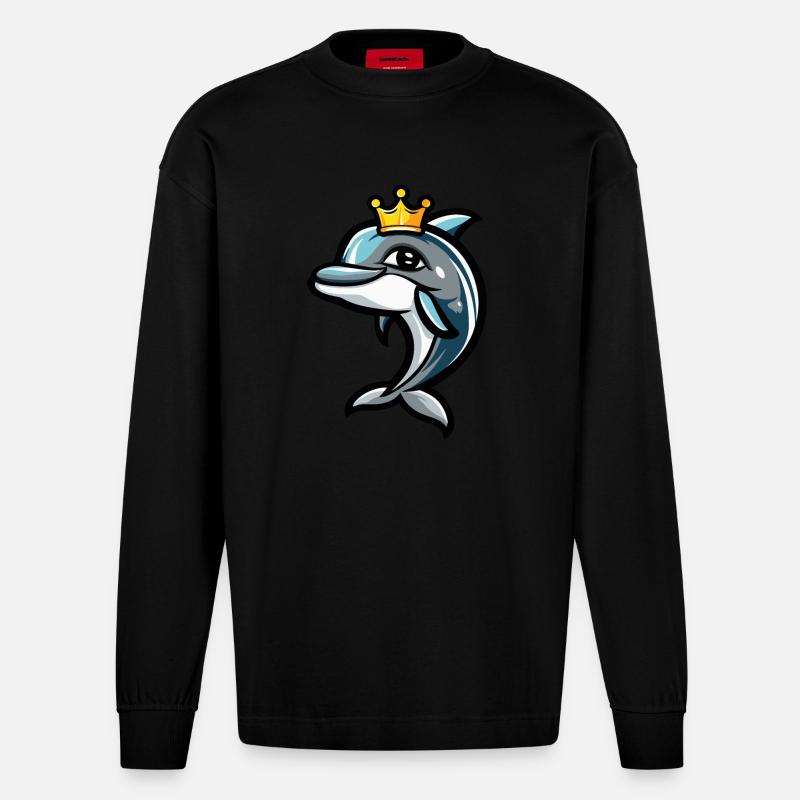 Dolphin Comic Crown - Heavyweight Oversized Organic Longsleeve Shirt Made in EU - SOLID BLACK