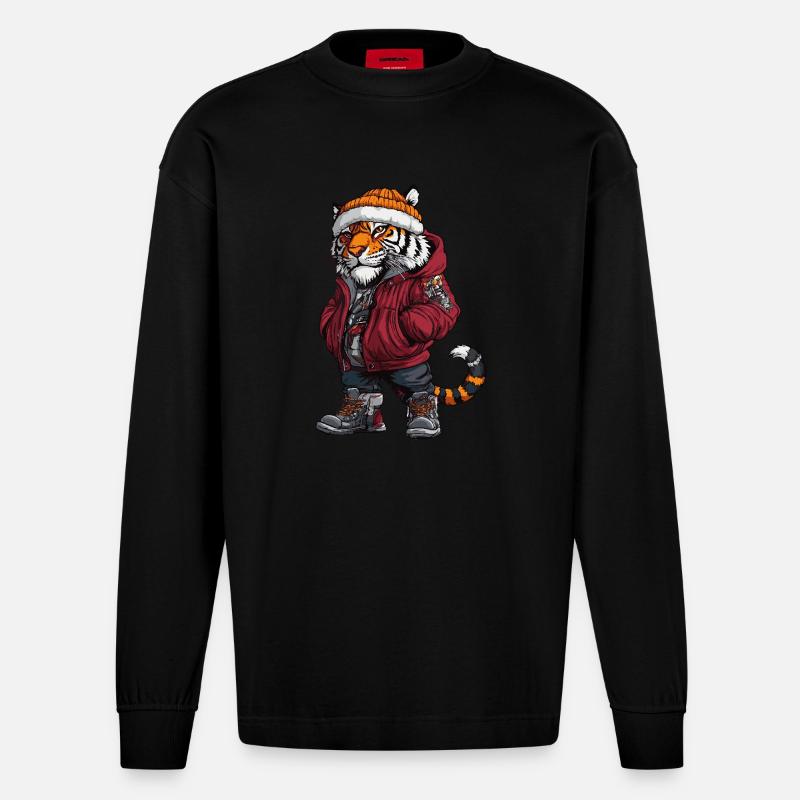 Tigre drôle d’hiver - Manches longues bio épais oversize fabriqué en UE - SOLID BLACK