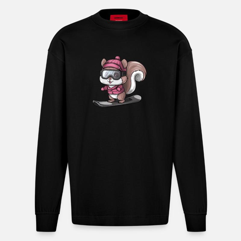 Cooler Eichhörnchen Snowboarder Wintersport - Heavyweight Oversized Organic Langarmshirt Made in EU - SOLID BLACK