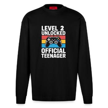 Level 2 Unlocked Birthday Gamer - Heavyweight Oversized Organic Longsleeve Shirt Made in EU - SOLID BLACK - Front