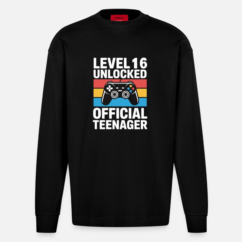 Niveau 16 Adolescent officiel débloqué - Manches longues bio épais oversize fabriqué en UE - SOLID BLACK