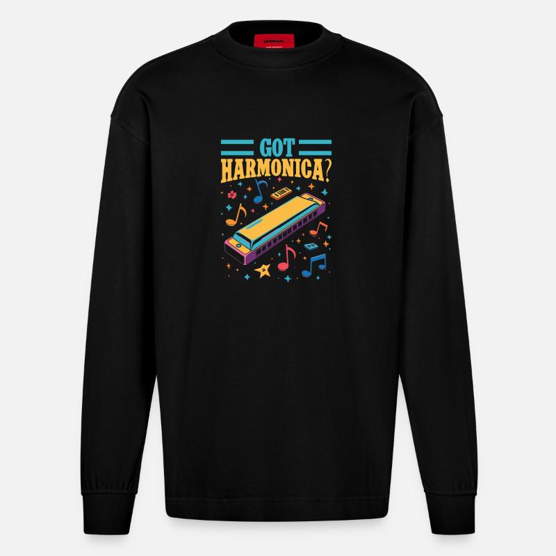 Funny Harmonica Player Got Harmonica - Heavyweight Oversized Organic Langarmshirt Made in EU - SOLID BLACK