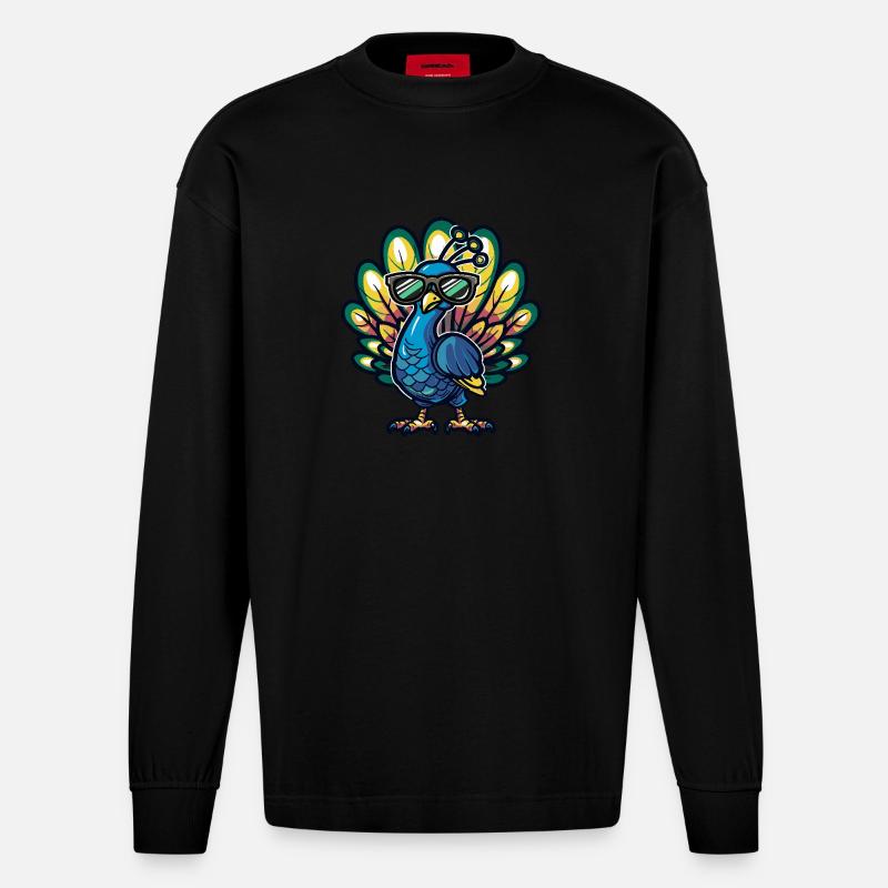 Pfau Vogel Cool Comic - Heavyweight Oversized Organic Langarmshirt Made in EU - SOLID BLACK