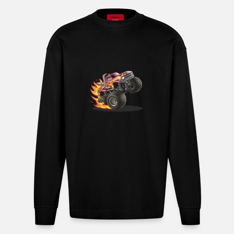 Monstertruck mit lodernden Reifen - Heavyweight Oversized Organic Langarmshirt Made in EU - SOLID BLACK