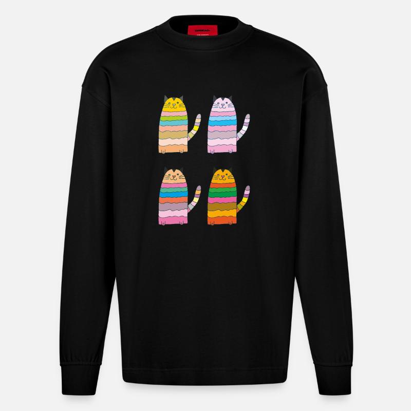 katze geringelt vierfach bunt - Heavyweight Oversized Organic Langarmshirt Made in EU - SOLID BLACK
