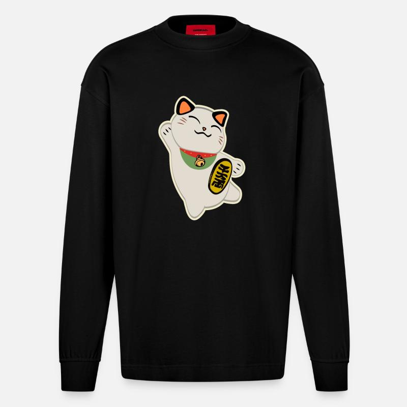 Maneki Neko (Glückliche Katze) - Heavyweight Oversized Organic Langarmshirt Made in EU - SOLID BLACK