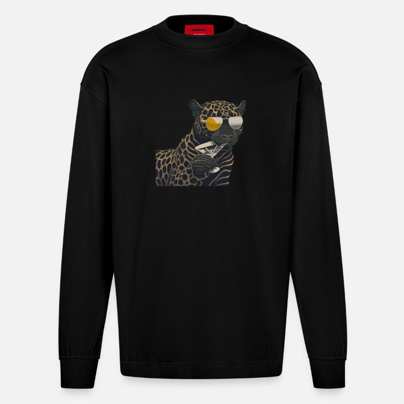 Cooler Leopard mit Sonnenbrille und Glas - Heavyweight Oversized Organic Langarmshirt Made in EU - SOLID BLACK