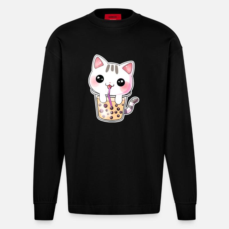Kawaii Bubble Tea Chat - Manches longues bio épais oversize fabriqué en UE - SOLID BLACK