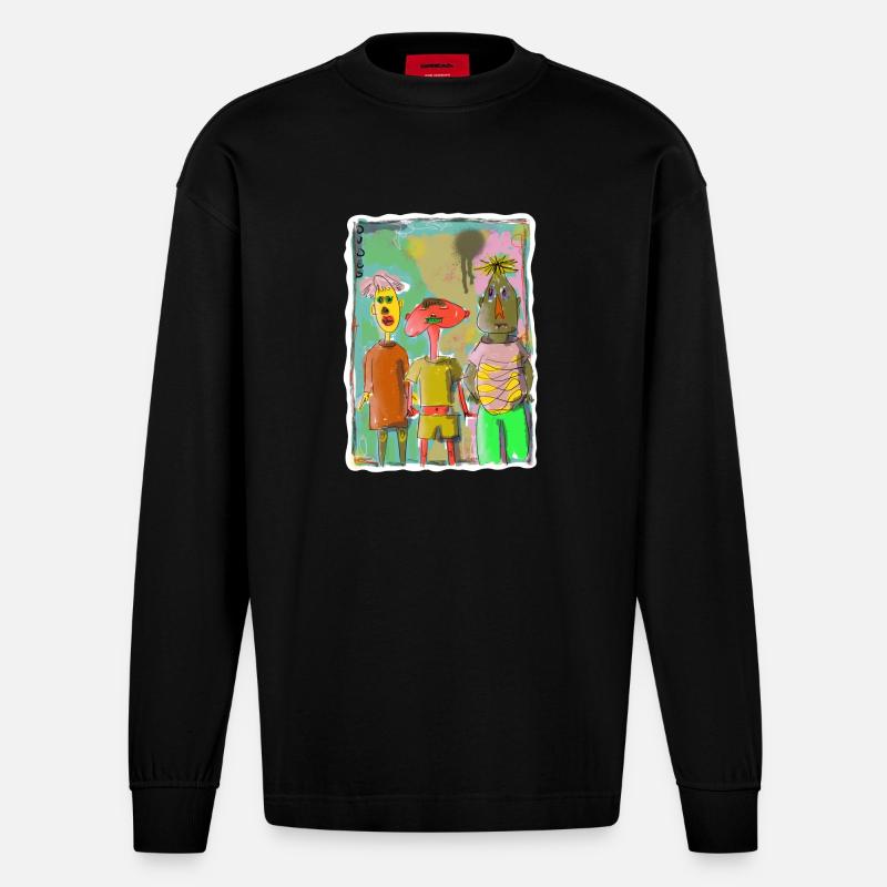 Illustration de trois amis « Dudes » - Manches longues bio épais oversize fabriqué en UE - SOLID BLACK