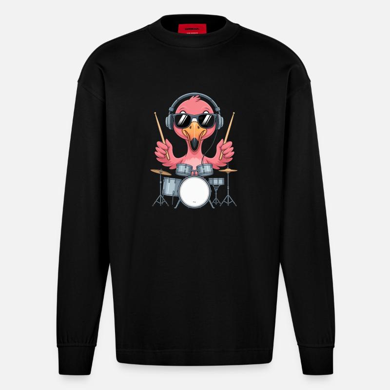 Flamingo Schlagzeuger Mit Kopfhörern - Heavyweight Oversized Organic Langarmshirt Made in EU - SOLID BLACK