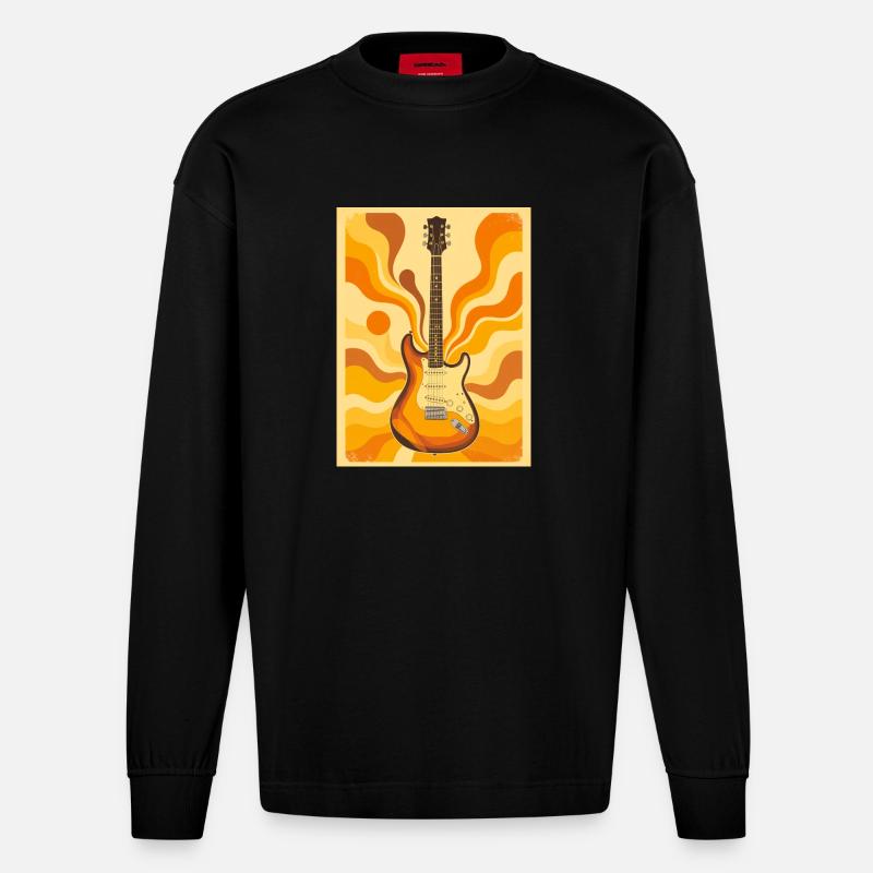 Psychedelische Retro-Gitarre mit lebendigen Siebzigern - Heavyweight Oversized Organic Langarmshirt Made in EU - SOLID BLACK