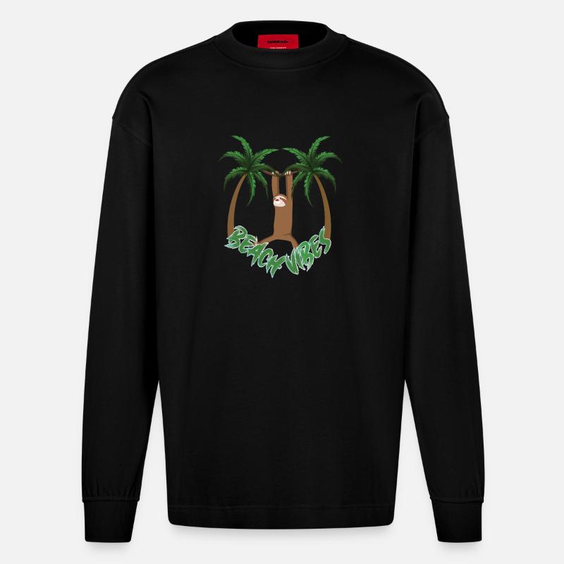 Beach Vibes Sloth - Heavyweight Oversized Organic Langarmshirt Made in EU - SOLID BLACK