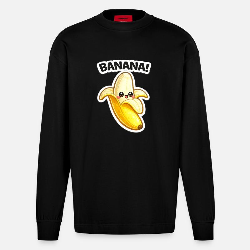 Impression de banane dessinée Kawaii - Manches longues bio épais oversize fabriqué en UE - SOLID BLACK